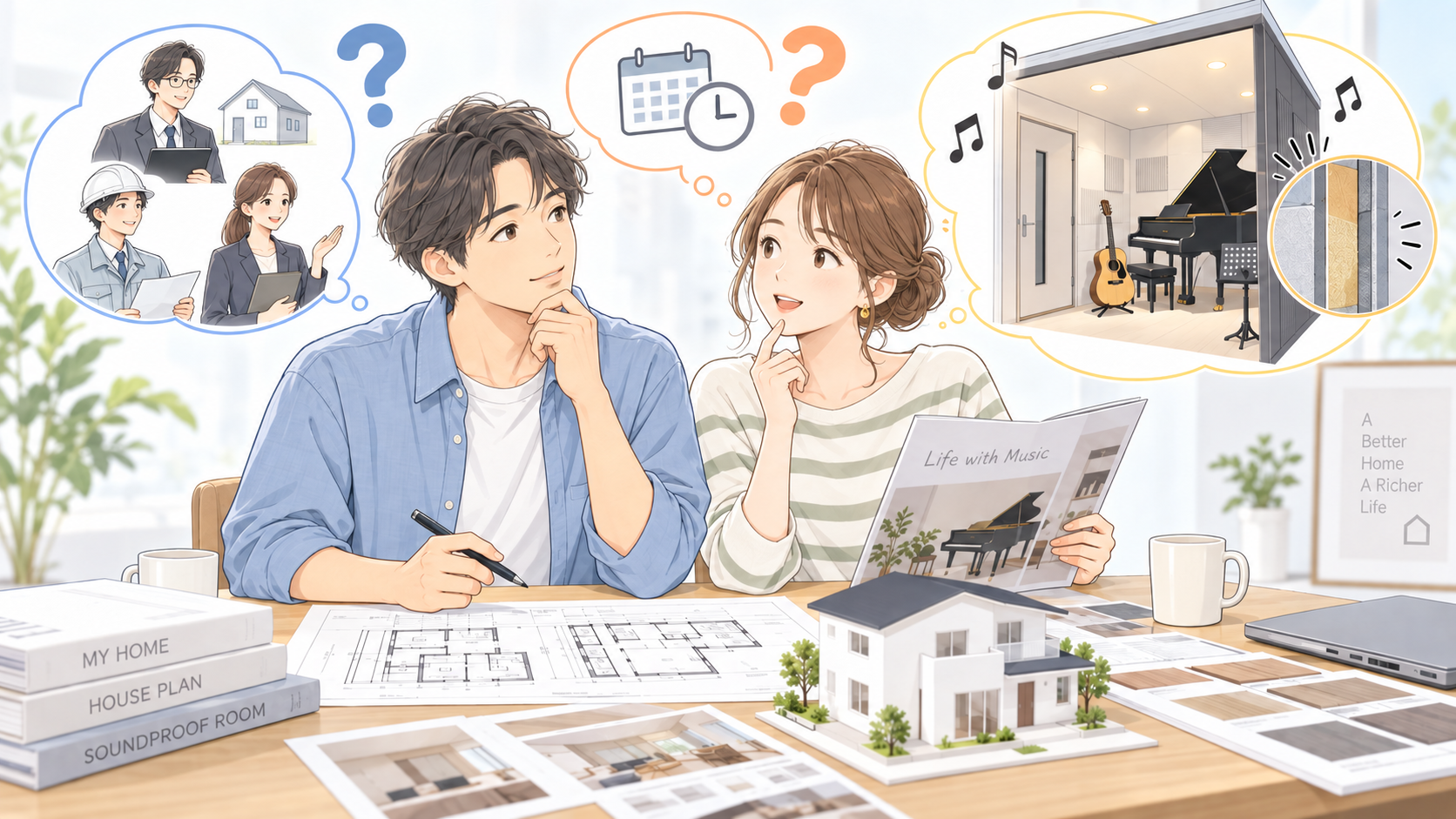 注文住宅を建てるのに、防音室を検討している夫婦