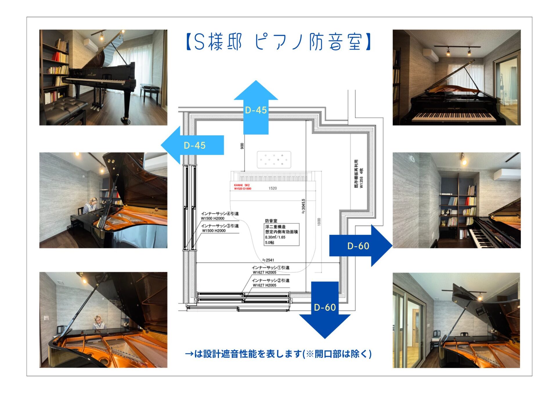 防音室の平面図と、実際に完成した写真をまとめた資料