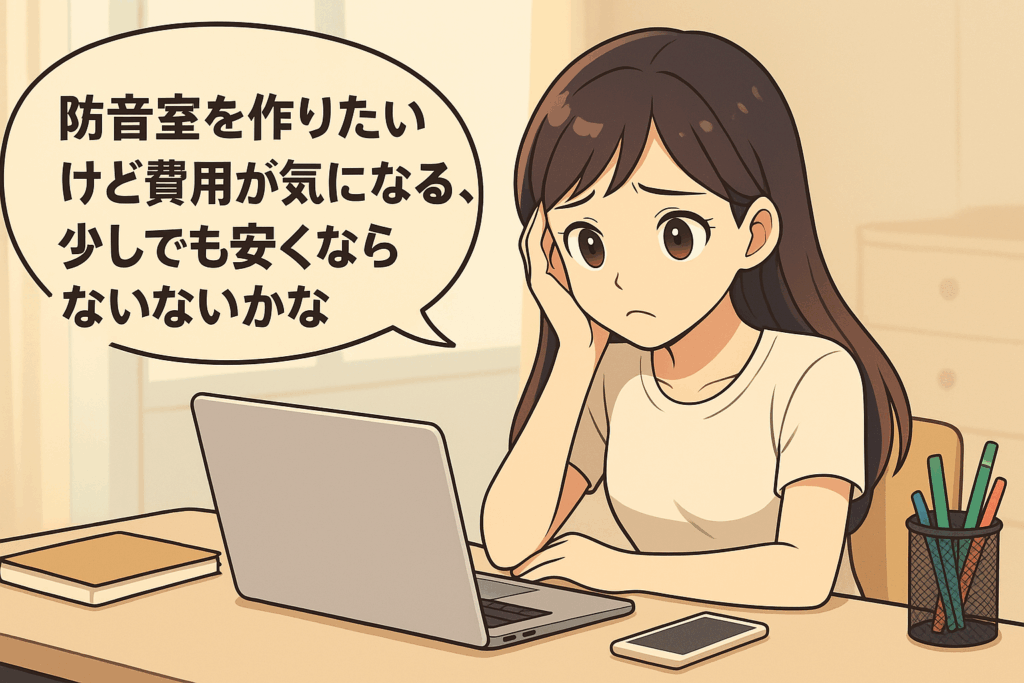 防音室の防音工事を考えているお客様が、少しでも防音室の見積が安くならないか考えているイメージ画像