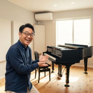 夢にみた防音室を手に入れた人が大喜びしているイメージ画像を作ってください。人物は日本人