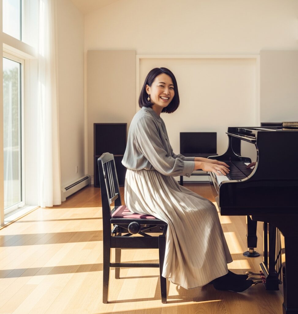 開放的な明るい防音室でピアノの演奏を楽しむ人の写真