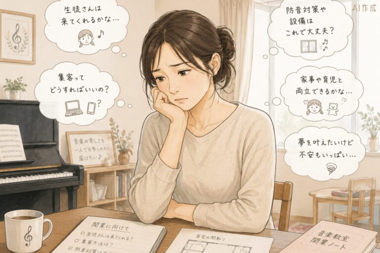 自宅での音楽教室開業のため、悩んでいる女性