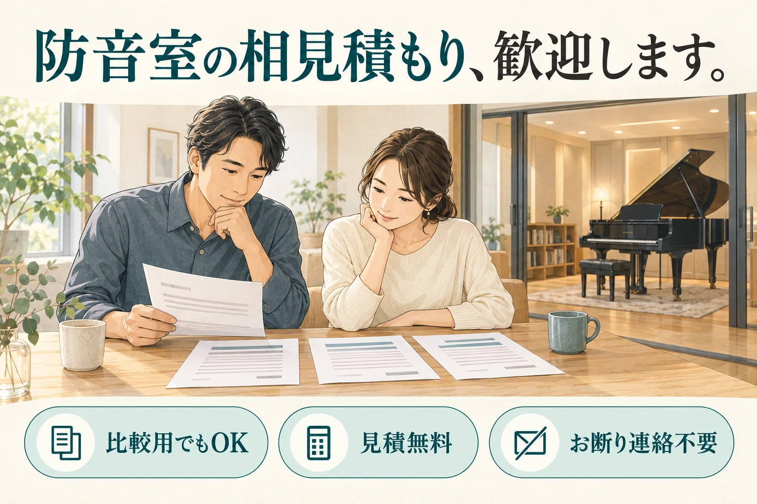 防音室の相見積もり、歓迎します。比較用でもOK・見積無料・お断り連絡不要