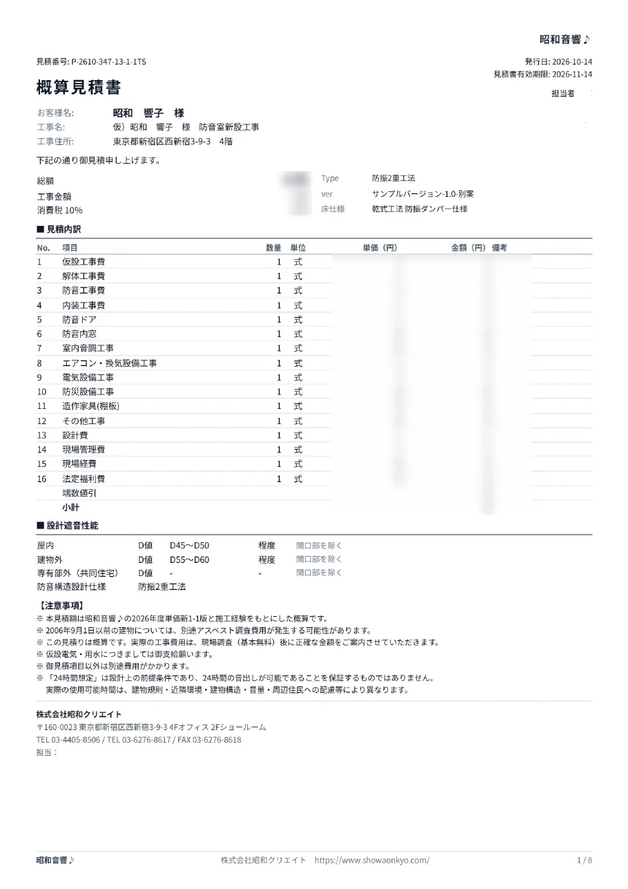 概算見積書のサンプル(工事項目ごとの内訳・金額はぼかしています)