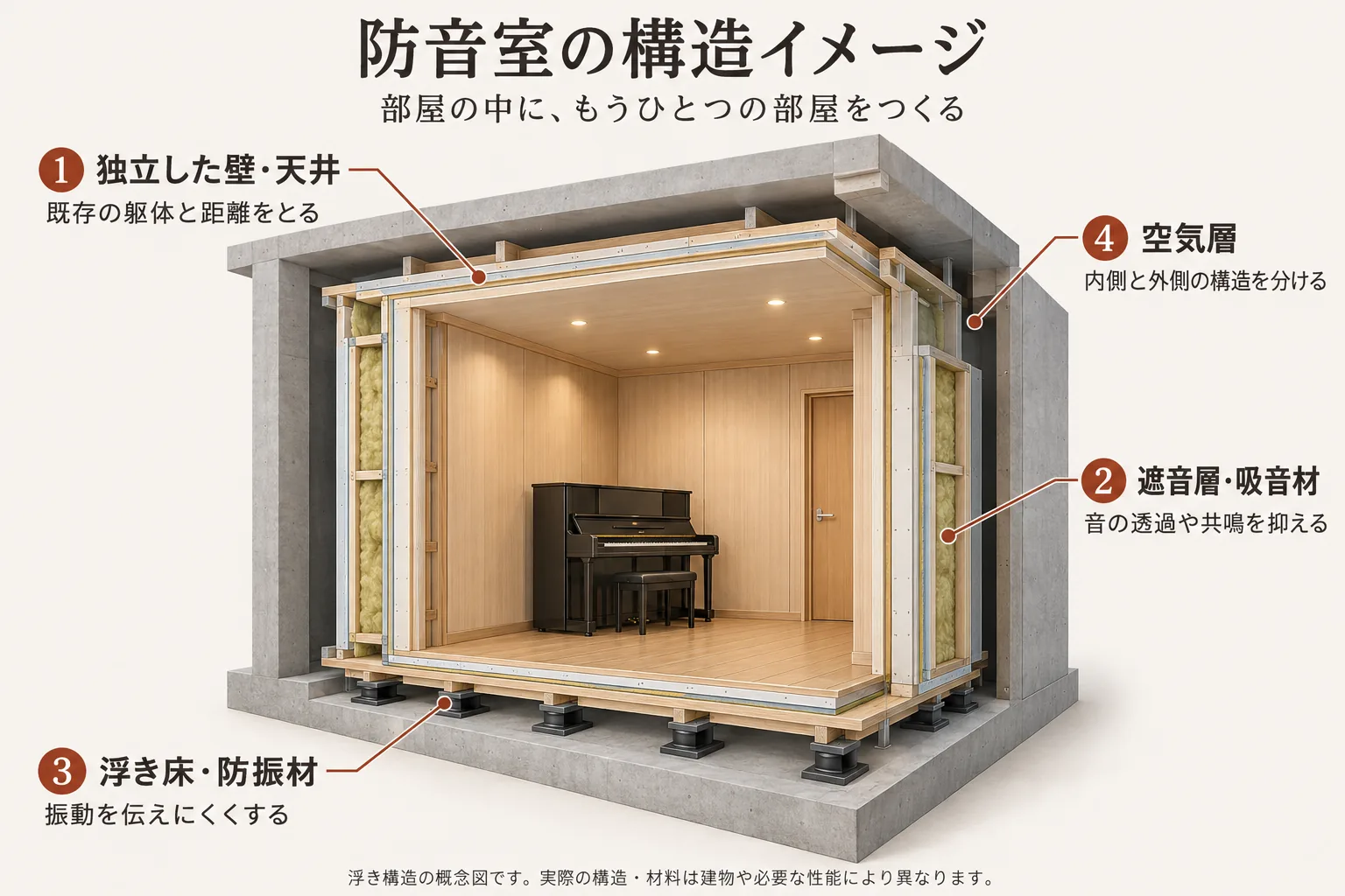 防音室の浮き構造の考え方を示した概念図(実際の仕様とは異なります):独立した壁・天井、遮音層・吸音材、浮き床・防振材、空気層で部屋の中にもうひとつの部屋をつくる